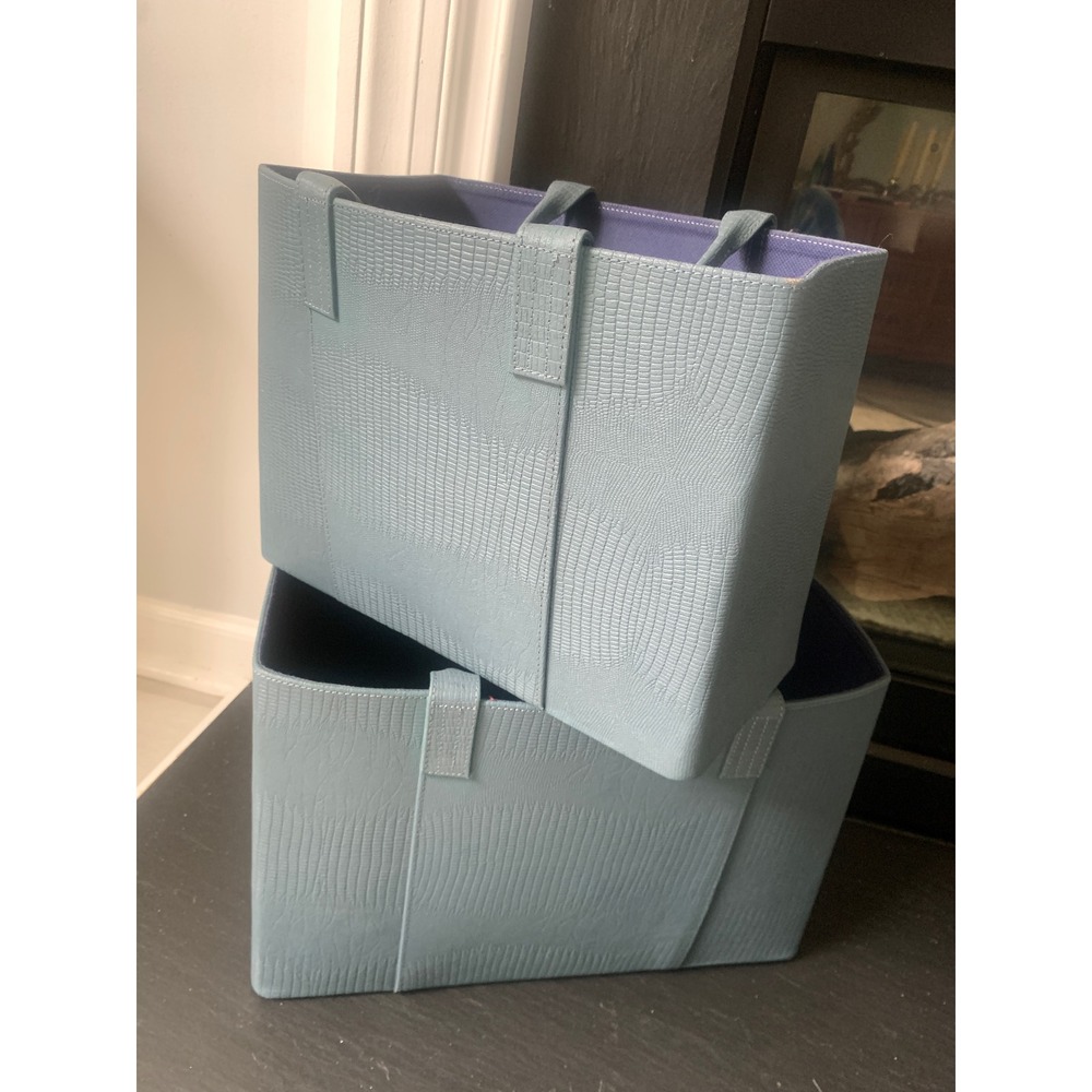 Grandin Road Faux Lizard Embossed Storage Bins Blue Set 2 Totes Purple‎ Interior